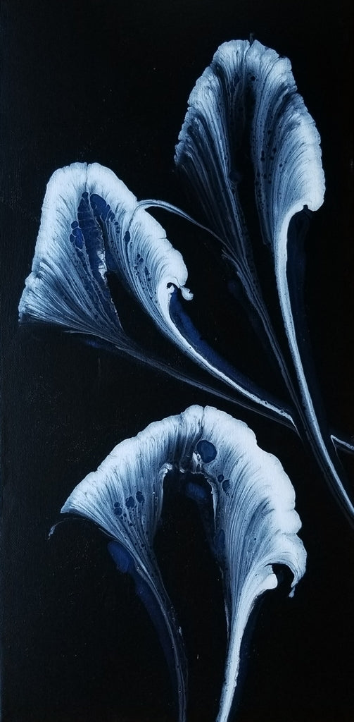 White flowers on Black - 10” x 20” Original Fluid Acrylic Painting